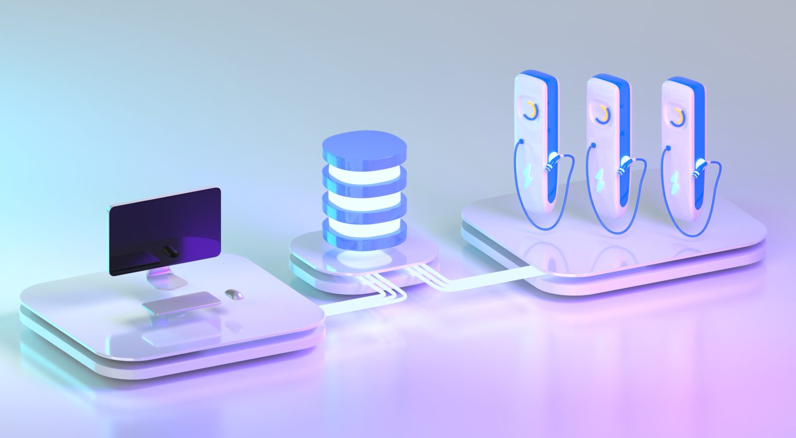 EV charging management software, remote control from computer or app, data integration in system, api web interface and backend. Isometric database server with charge stations and pc. 3D render