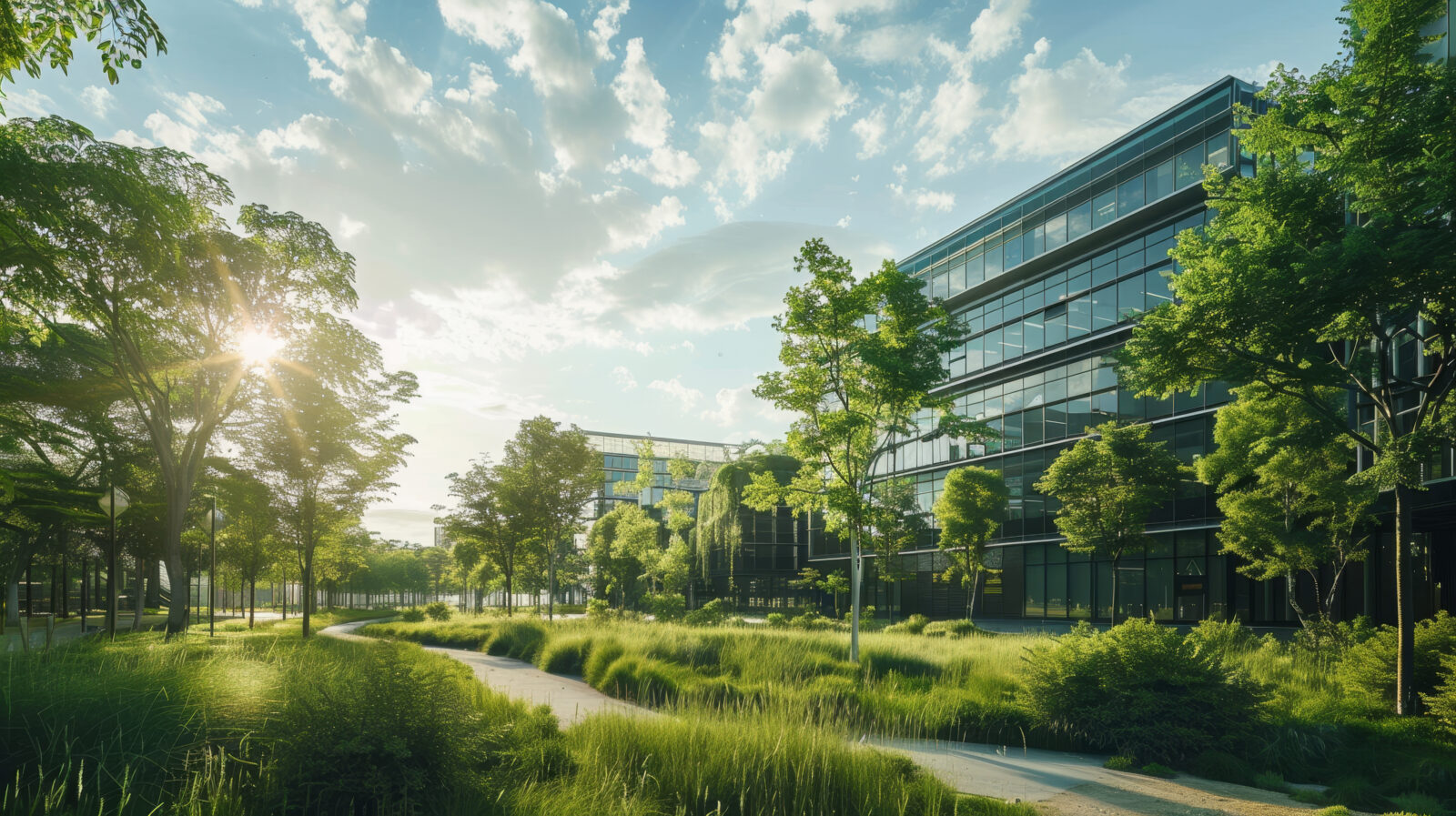 A large building with a lot of trees in front of it. The trees are green and the sky is blue